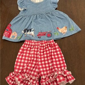 Blue Farm Animal Dress and Red Gingham Shorts Set